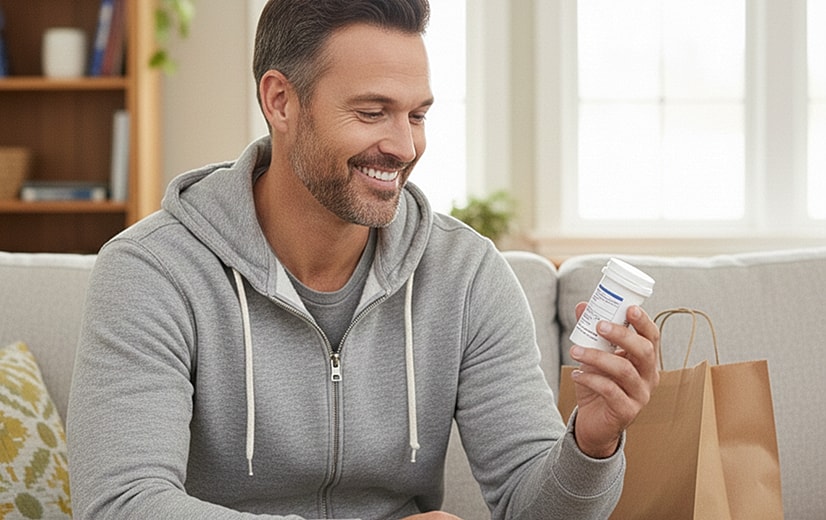 Man smiling at a medication bottle indoors.