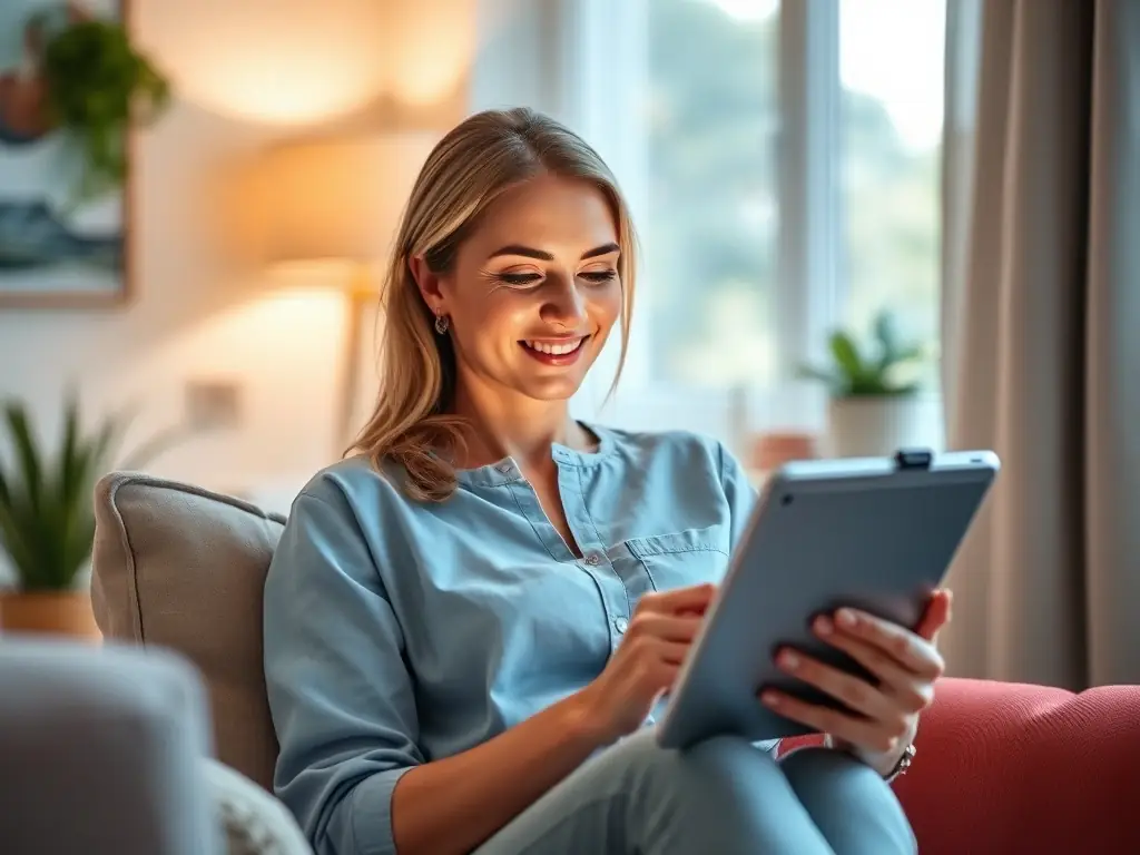 A serene image depicting a person with glowing skin, engaged in a video call with a Renewed1 specialist, discussing anti-aging treatments.