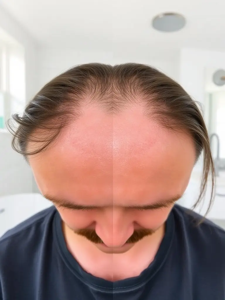 A before-and-after photo showcasing significant hair regrowth, emphasizing the effectiveness of the hair optimization plan. The background is a clean, modern bathroom.