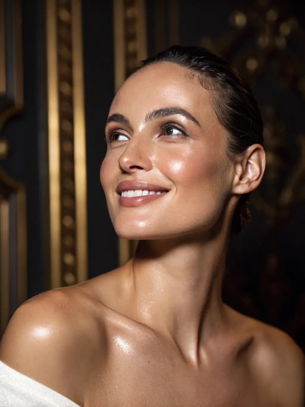A close-up shot of a person's face with visibly improved skin texture and radiance, suggesting the benefits of anti-aging peptide therapy. The background is a blurred medical office setting.